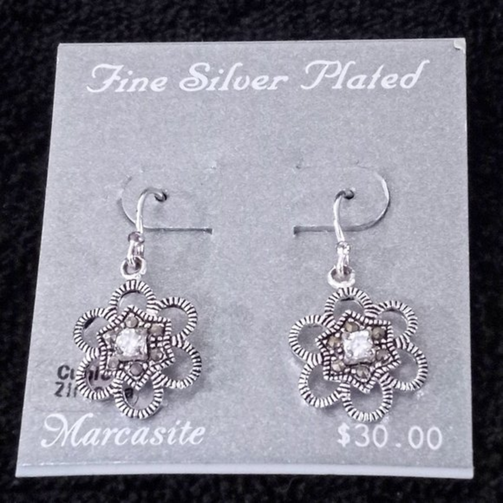 Fine Silver Plated Marcasite Earrings With Cubic Zirconia New‎ With Tags  #1124